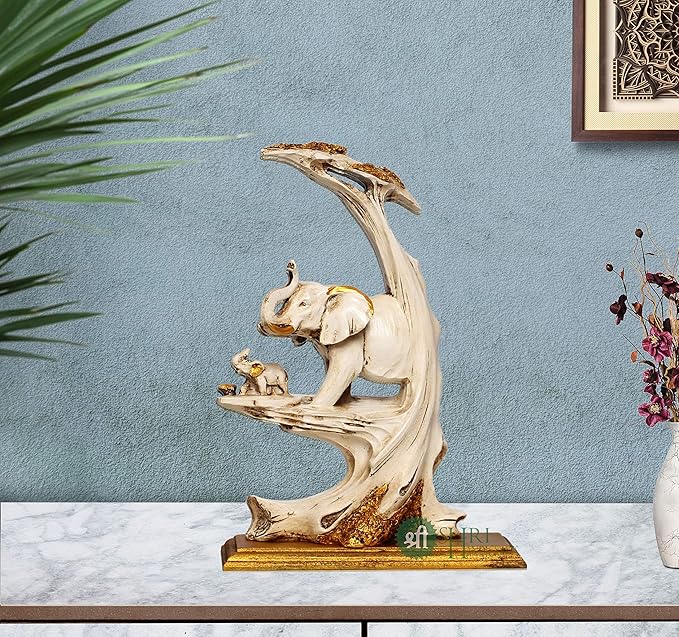 Indicast 10" Inch Resin Elephant Statue With Tree and Baby Animal Figurines Handcrafted Decorative Showpiece | White