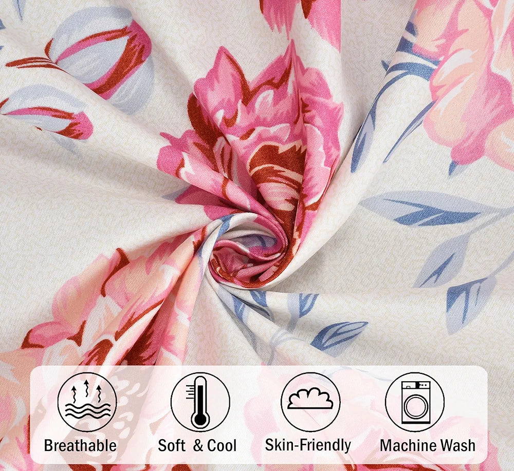 Fresh From Loom Floral Print 240 TC King Size Microfiber Fitted Bedsheet Set Soft & Anti Fade 2 Pillow Covers Included Rose-Offwhite