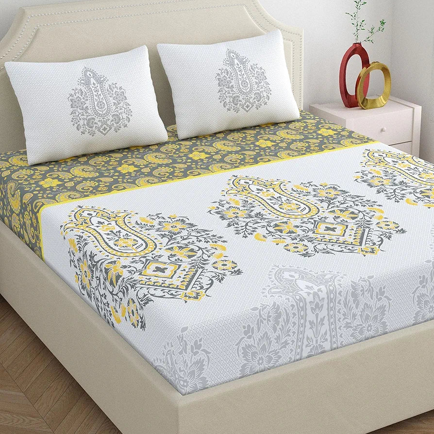 Dreamscape Cotton Double Printed Bedsheet with 2 Pillow Covers Pewter Grey