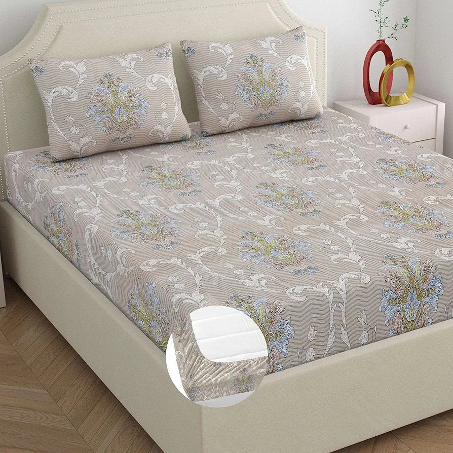 Dreamscape Microfibre Wrinkle & Fade Resistant Fitted Bedsheet for King Bed, 140TC, 1 Fitted Bed Sheet  with 2 Pillow Covers Beige Hazelnut Color