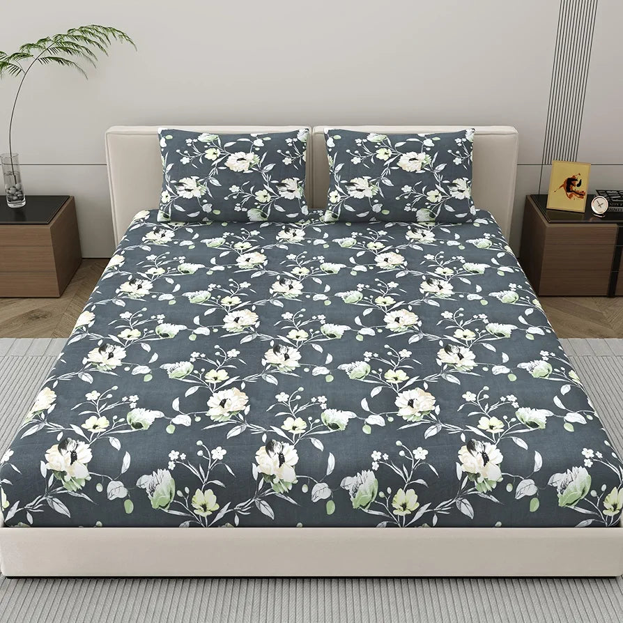 Dreamscape Microfibre Wrinkle & Fade Resistant Fitted Bedsheet for King Bed 140TC 1 Fitted Bed Sheet  with 2 Pillow Covers Dk. Grey Anchor Color
