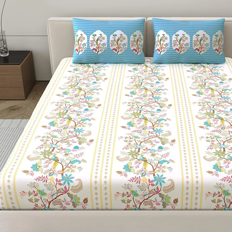 Dreamscape Cotton King Fitted Bedsheet with 2 Pillow Covers Sky Blue