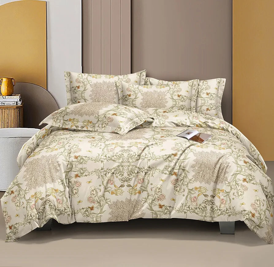 The Home Style Cotton Feel Glace Cotton Elastic Fitted Printed Queen Size Double Bed Bedsheet With 2 Pillow Cover 300 tc Desert Ivory