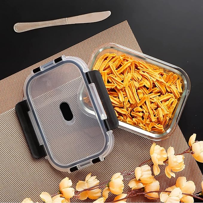 Femora Borosilicate Rectangle Microwave Oven Safe Glass Container With Dectahable & Break Free Lid | Black Color | 1000 Ml