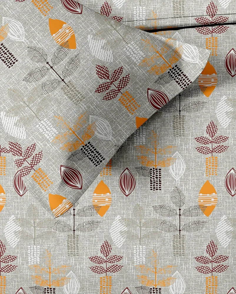 Trance Home Linen Pure 100% Cotton 144TC Printed Queen Fitted Bedsheet with 2 Pillow Covers Textured Leaves Colour Maroon