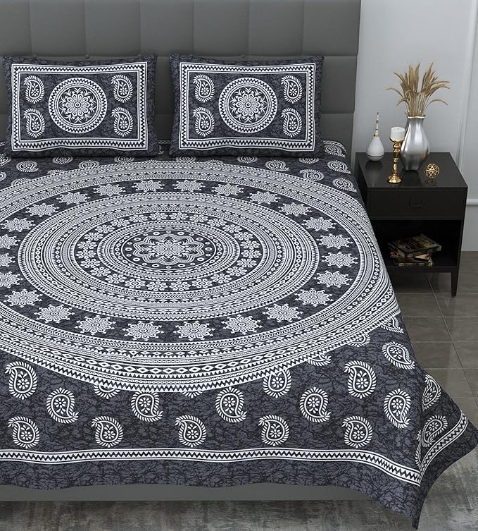 Colorish Motif Mandala Printed 144 Tc Cotton Double Bedsheet With 2 Pillow Covers | Grey