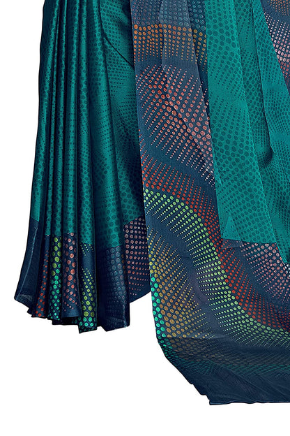 Mirchi Fashion Women's Teal Chiffon Colorful Moire Prints Saree