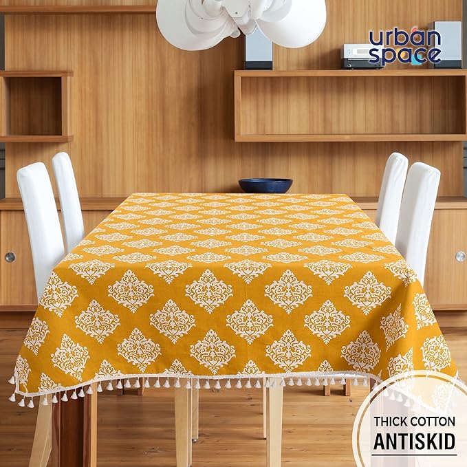 Urban Space Cotton Square Dining Table Cover Printed Anti Skid Table Cloth Colour Motif Mustard