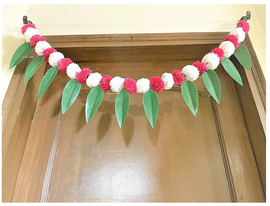 Artificial Marigold &Mango Leaves Simple Door-Window Toran White and Red