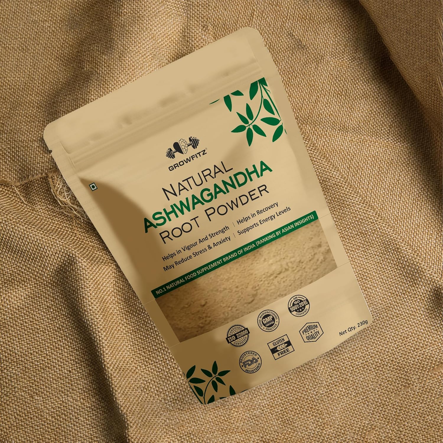 Growfitz 100% Organic Ashwagandha Powder 230g | Withania Somnifera | Energy Boost, Anxiety & Stress Relief, Height Improvement, Immunity System | ISO Certified | Vegan, Gluten-Free | Pack of 1