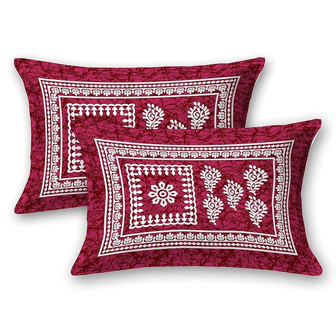 Colorish 144 Tc Squares Printed Jaipuri Floral Printed Cotton Bedsheet With 2 Pillow Covers | Burgundy
