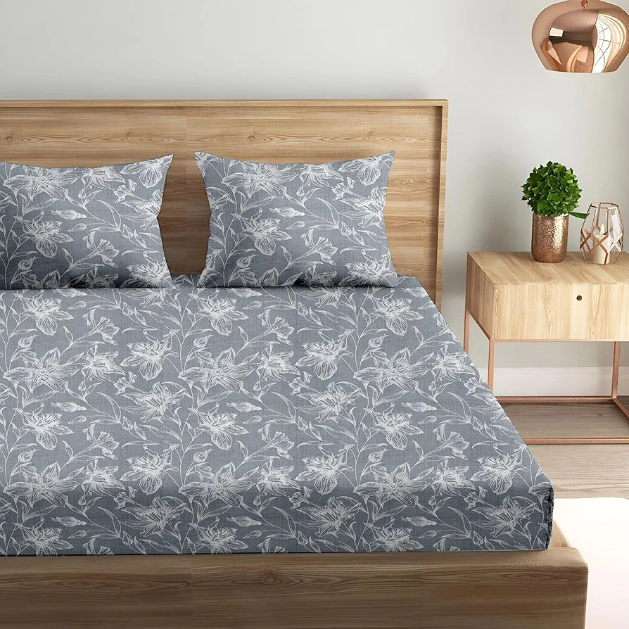 Trance Home Linen 100% Cotton 144TC Elastic Fitted Bedsheet Printed Queen Bed Size Elasticate Fitted Bedspread with 2 Pillow Covers Colour Serenity Grey