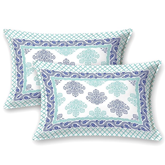 Colorish Jaipuri Traditional Floral Printed Bed Sheet With 2 Pillow Covers | Spectral Blue