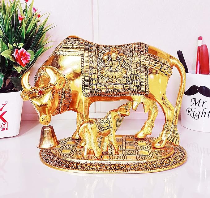 KridayKraft Kamdhenu Cow Calf with Bal Gopal Krishna Metal Statue for Good Luck Feng Shui As Table