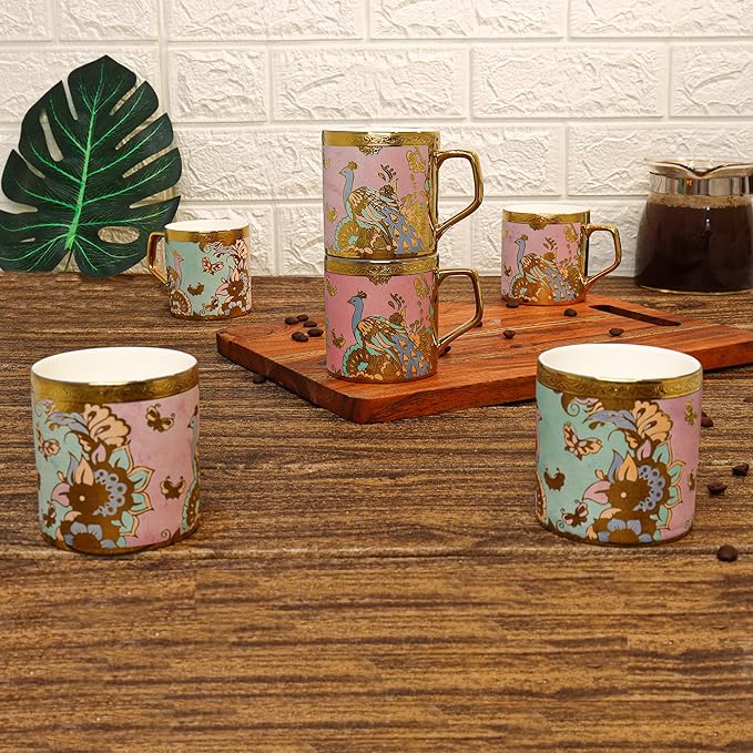 Femora Bone China Gloden Tea Cup | Butterfly & Peacock | 160 Ml | Peach