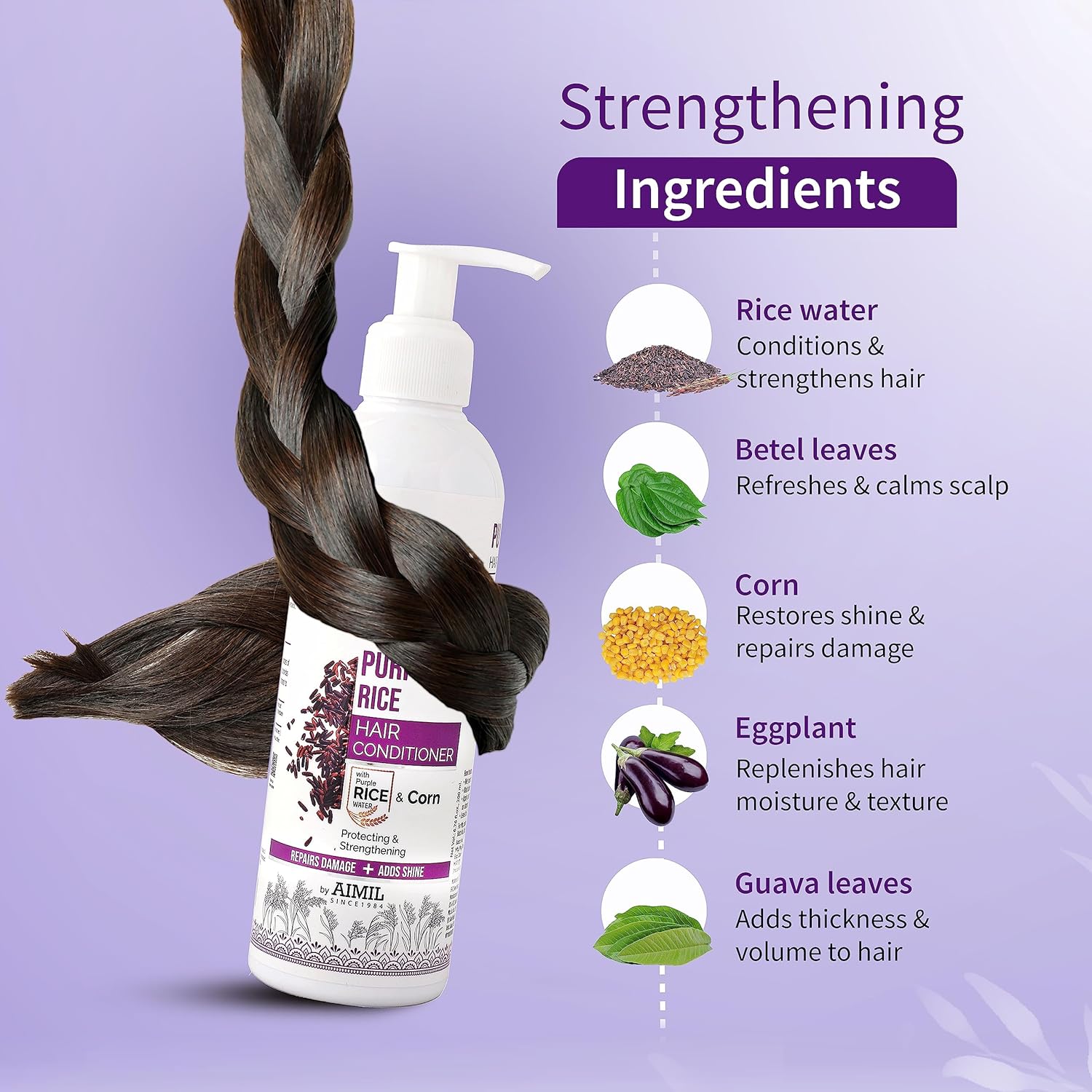 Ayouthveda Purple Rice Hair Conditioner with Rice Water & Kernel Protein | Repairs Damage, Controls Frizz & Enhances Volume | Enriched with Eggplant, Betel & Guava Leaves | For All Hair Types | 200ml