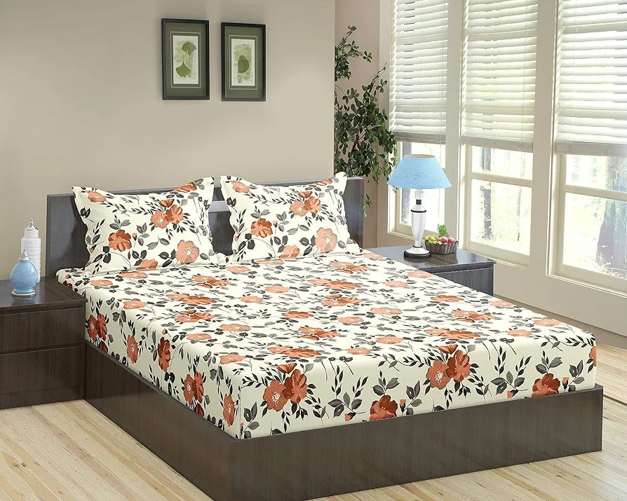 Trance Home Linen 180TC 100% Cotton 78"x72" Standard King Size Elastic Fitted Bedsheet Printed King Bed Size with 2 Pillow Covers Colour Blooms Rust