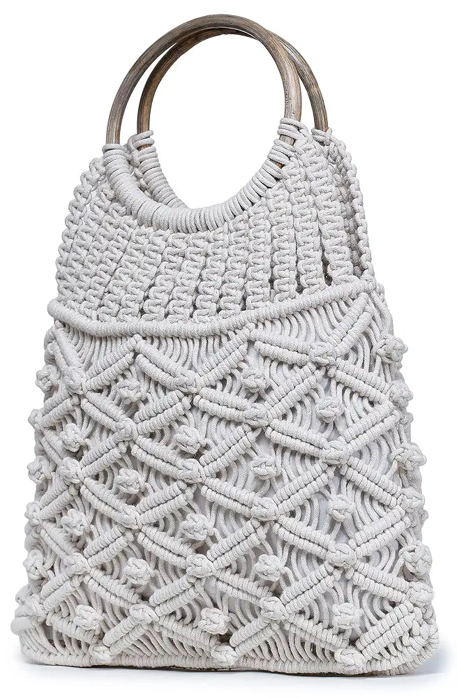 K London Alii And Aliizey Off-white Macrame Braided Wooden Handle Handbag