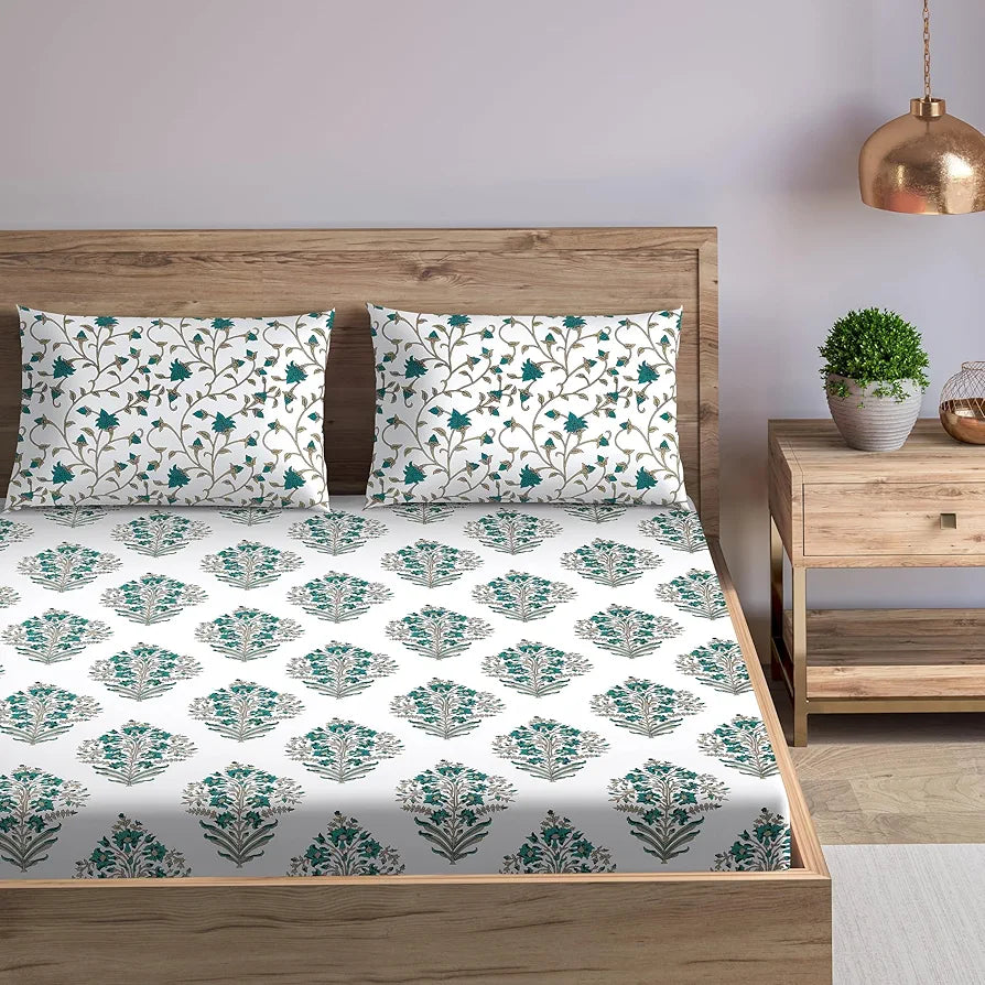 Trance Home Linen 100% Cotton 78"x60" Standard Queen Size Elastic Fitted Bedsheet Printed Queen Bed Size with 2 Pillow Covers 180 TC Colour Madhuban Green