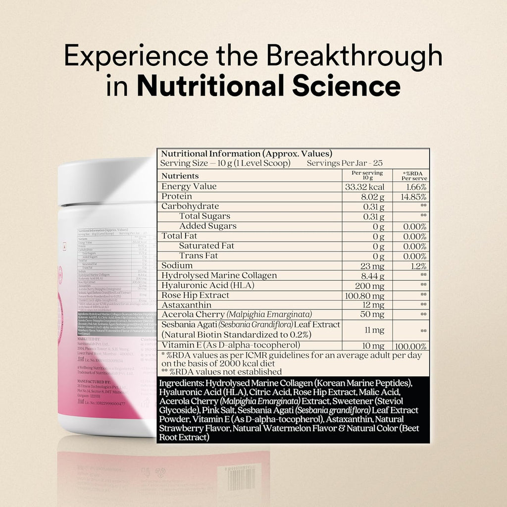 Wellbeing Nutrition Beauty Collagen with Hyaluronic Acid | Collagen Supplements for Women & Men | Collagen Powder with Biotin and Vitamins for Skin Radiance & Anti-Aging | 250g-Strawberry Watermelon