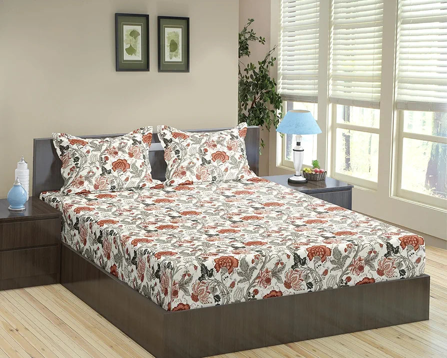 Trance Home Linen 180TC 100% Cotton 78"x72" Standard King Size Elastic Fitted Bedsheet Printed King Bed Size with 2 Pillow Covers Colour Malhaar Rust