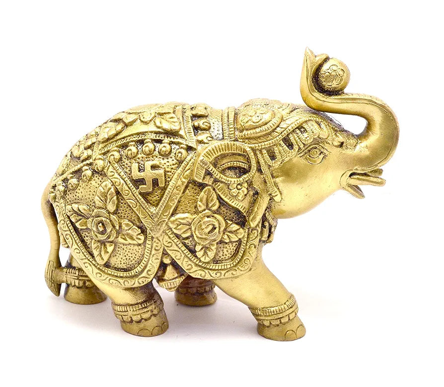 Two Moustaches Om and Swastika Carving Brass 7 Inches Elephant Showpiece