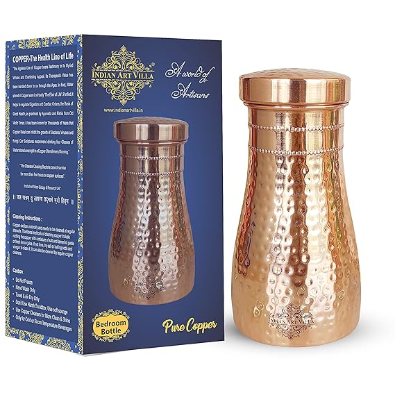 Indian Art Villa Pure Copper Bedroom Water Bottle With Inbuilt Glass Hammered Shine Design - 950 ml