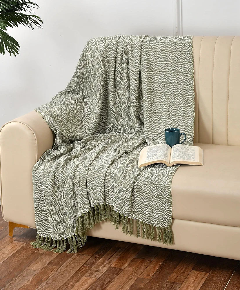 Sashaa World Soft Herringbone Throw Blanket Colour Green