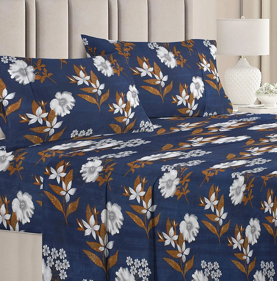 HomeKart Microfiber bedsheet for Double Bed with 2 Pillow Covers Breathable and Soft Touch 144 TC Pattren Floral Blue and White TC - 144