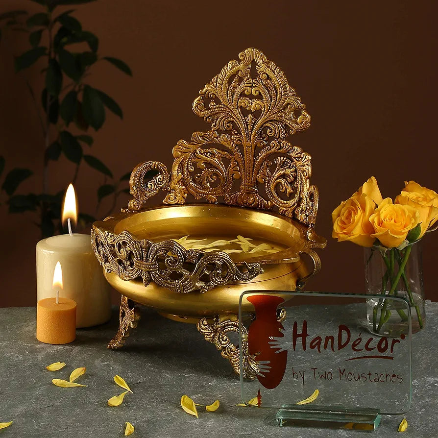 Two Moustaches 10.5 Inches Ethnic Design Brass Urli Traditional Bowl Decor Showpiece