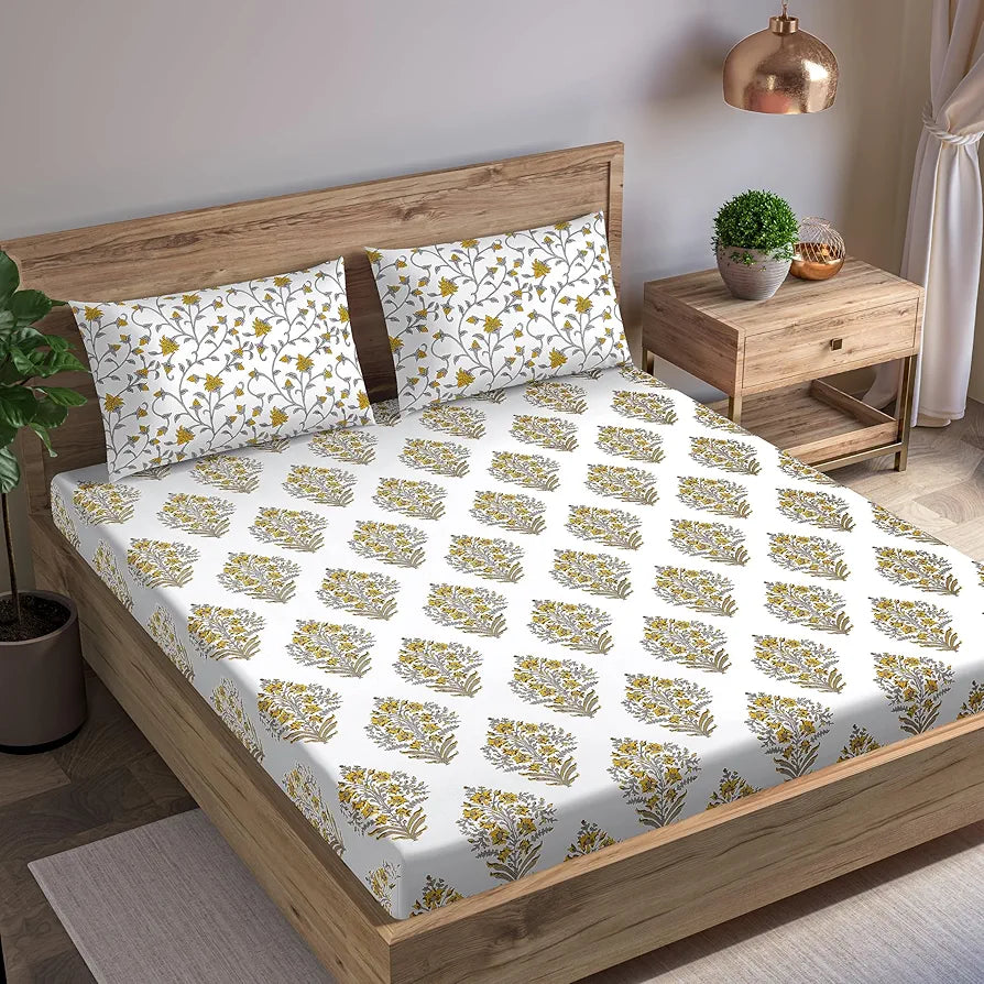 Trance Home Linen 180 TC 100% Cotton 78"x60" Standard Queen Size Elastic Fitted Bedsheet Printed Queen Bed Size with 2 Pillow Covers Colour Madhuban Yellow