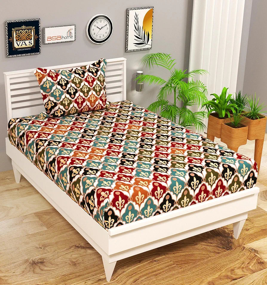 HomeKart 144 Tc Microfiber Jaipuri Single Bedsheet  with Pillow Cover for Your Home Multicolour Red & Grey