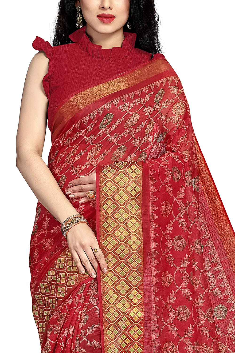 Mirchi Fashion Women's Red Cotton Blend Kalamkari Printed Saree
