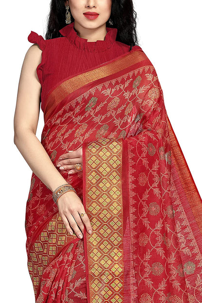 Mirchi Fashion Women's Red Cotton Blend Kalamkari Printed Saree