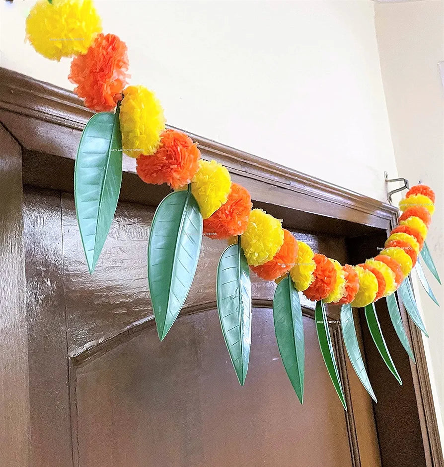 Artificial Fluffy Marigold and Mango Leaves Simple Door-Window Toran  yellow and dark orange