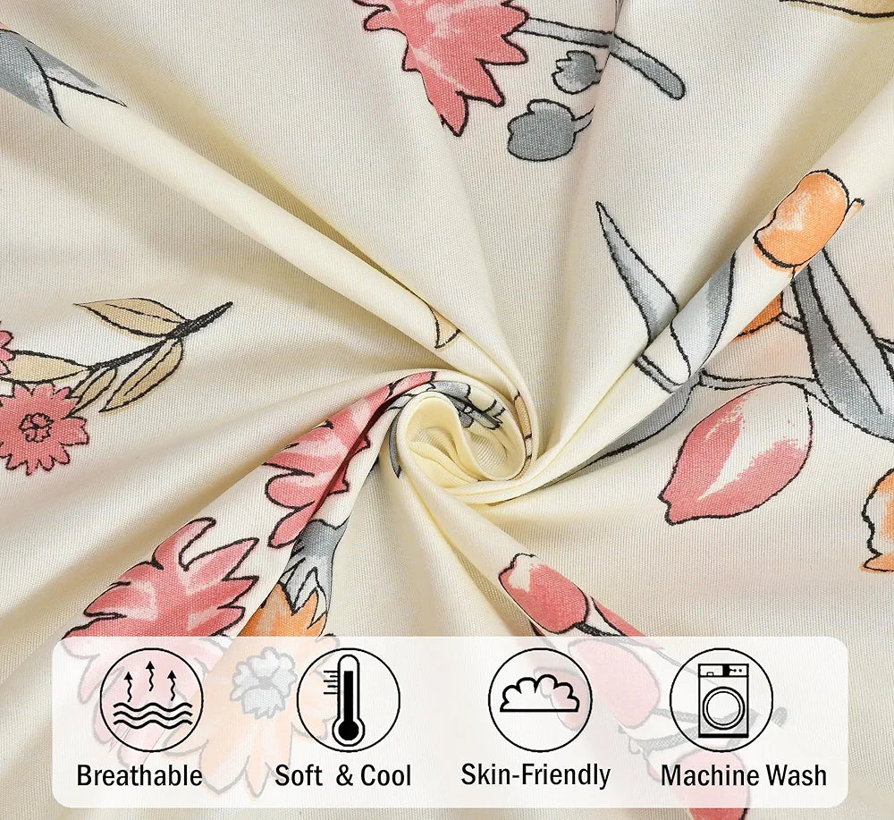 Fresh From Loom Floral Print 240 TC Microfiber King Size Fitted Bedsheet Set with 2 Pillow Covers Pastel Cream