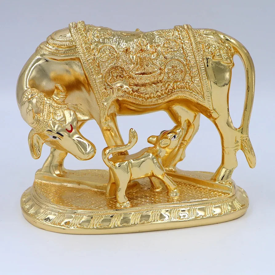 Jaipur Ace Kamdhenu Cow With Calf Statue Standard Size Golden Big Golden Cow