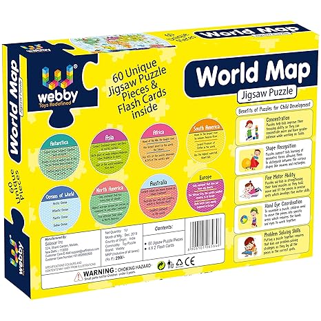 Webby Amazing World Map Jigsaw Floor Puzzle 60 Pcs with 4 Double Sided Flashcards
