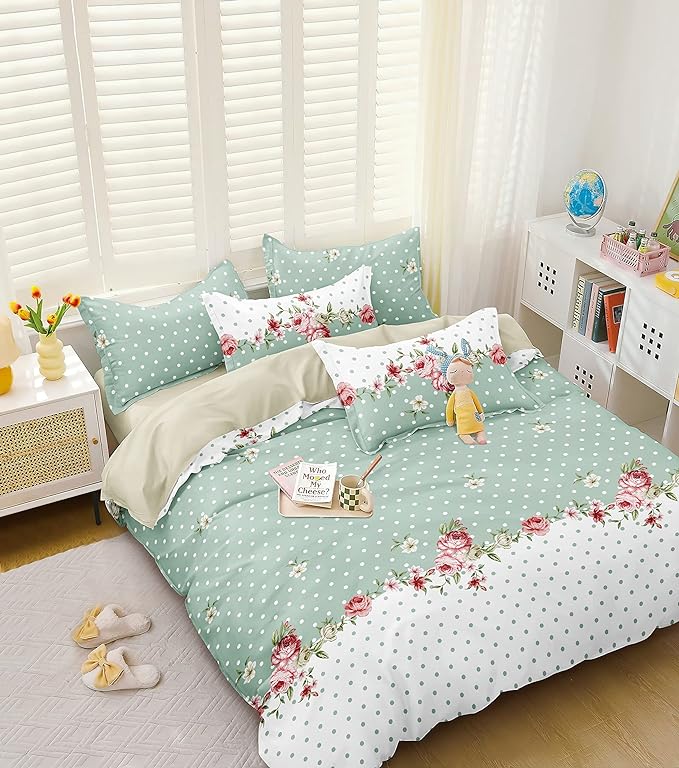 Decomizer Soft Glace Cotton King Size AC Blanket 2 Large Pillow Covers Green Center Flower