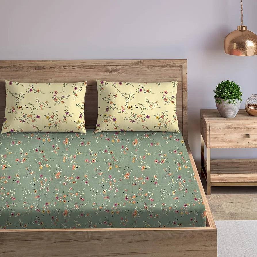 Trance Home Linen 180TC 100% Cotton 72"x60" Double Bed Size Elastic Fitted Bedsheet Printed with 2 Pillow Covers Colour Lilly Green Ivory