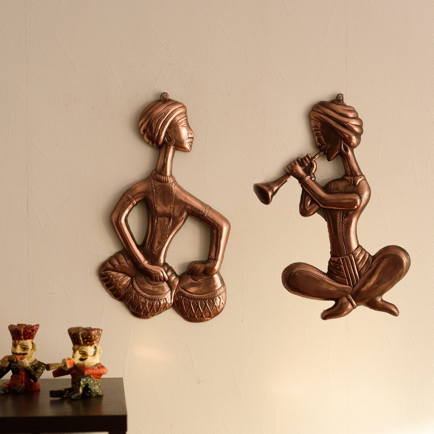 Ecraftindia Musicians Metal Wall Hanging | Brown | Set of 2