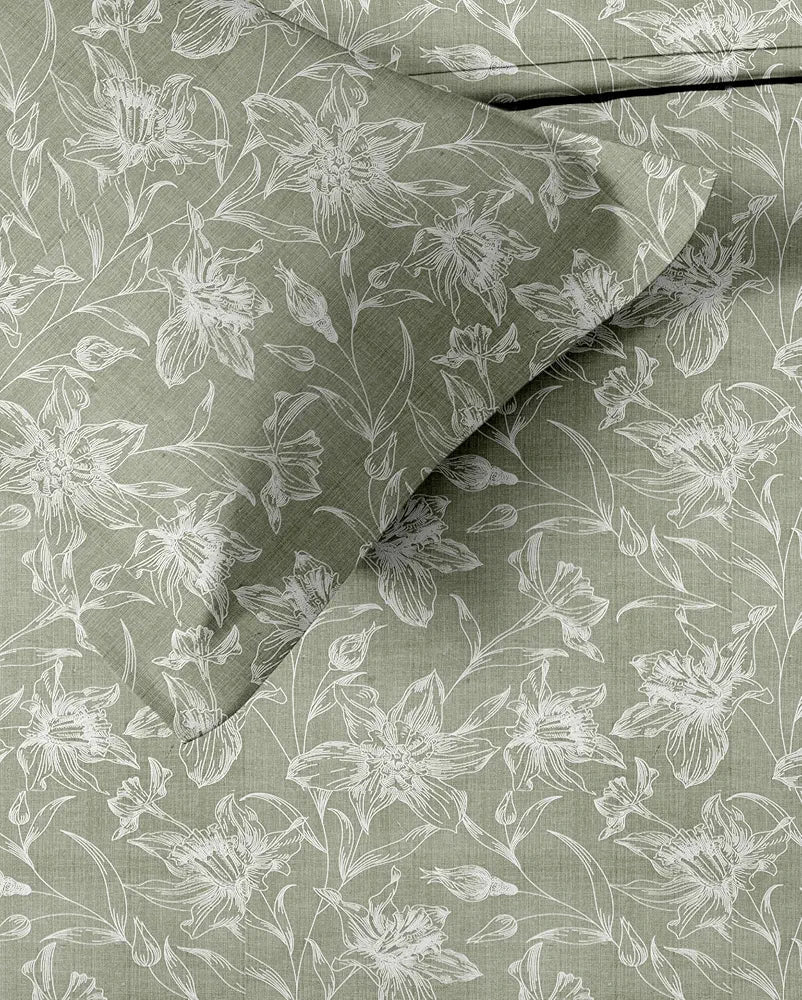 Trance Home Linen 100% Cotton 144TC Elastic Fitted Bedsheet Printed Queen Bed Size Elasticate Fitted Bedspread with 2 Pillow Covers Colour Serenity Misty Green
