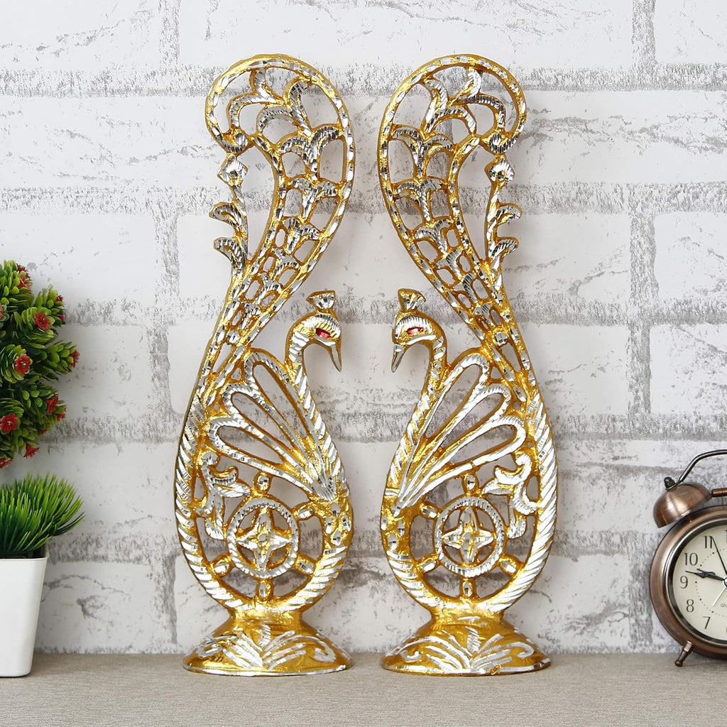 Ecraftindia Golden and Silver Metal Handcrafted Peacock Couple Statues Decorative Birds Figurines Showpieces