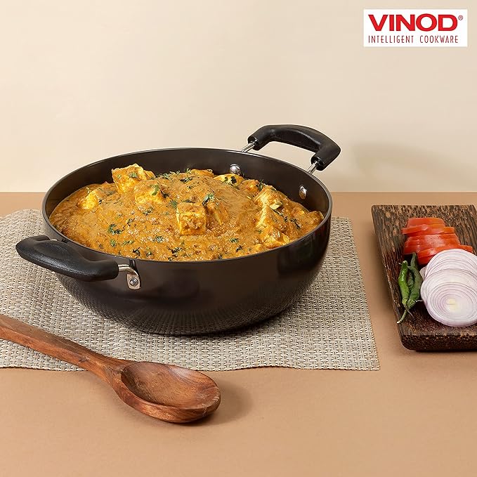 Vinod Black Pearl Plus Hard Anodised Deep Kadhai with Lid - 2.6 Litre, 22 cm | 3.25mm Thick | Natural Stick Free Kadai