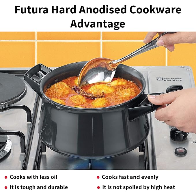 Hawkins Futura Hard Anodised Handi (Saucepan) 3 L, 21 cm, 4.06 mm with 2 short handles