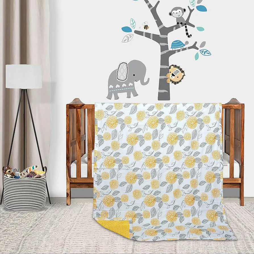 Trance Home Linen Pure Malmal Cotton Multipurpose Baby Dohar 3-Layered Baby Swaddle Blanket Colour Yellow White Abstract Leaves