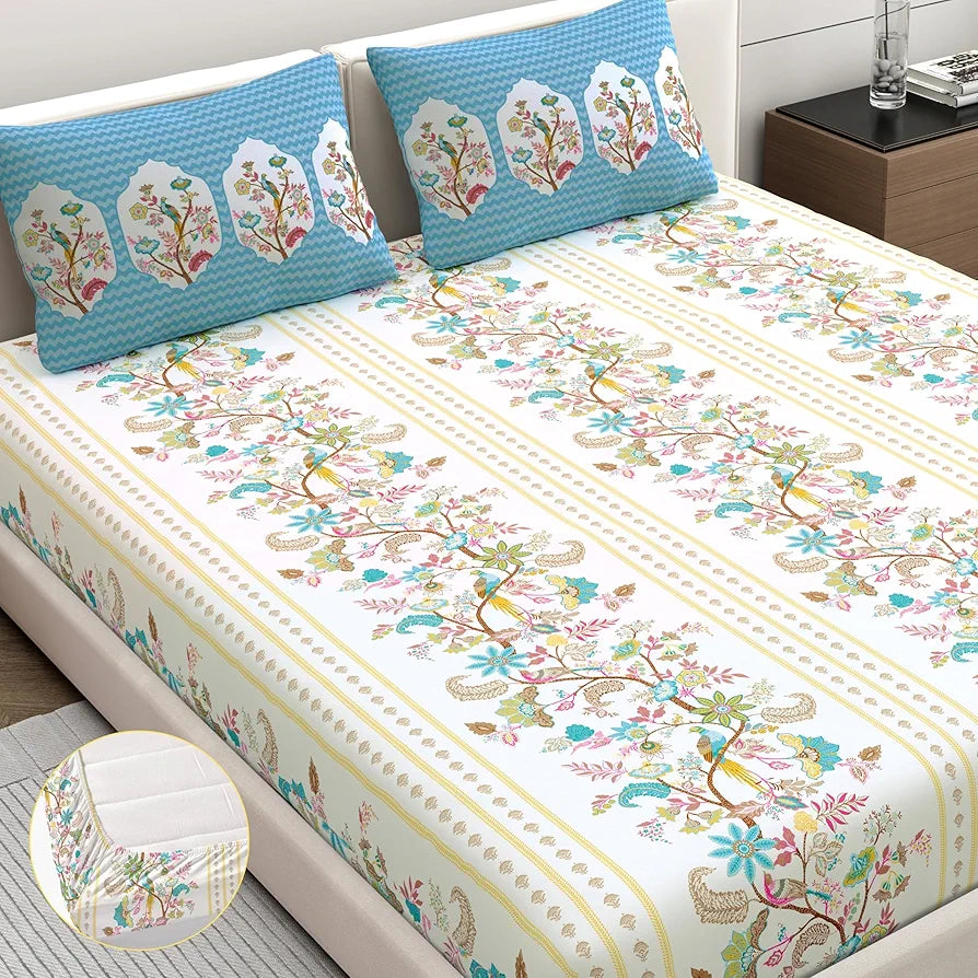 Dreamscape Cotton King Fitted Bedsheet with 2 Pillow Covers Sky Blue