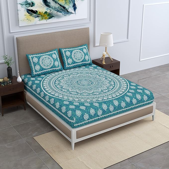 Colorish Cotton Blend Traditional Mandala Jaipuri Printed Bedsheet for Double Bed King Size With 2 Pillow Covers | Sea Green