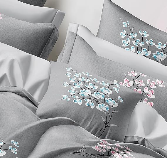 Cortina 140 Tc 100% Microfiber Printed Double Bedsheet Set With Two Pillow Case | 90x100 Inches | Leaf | Grey