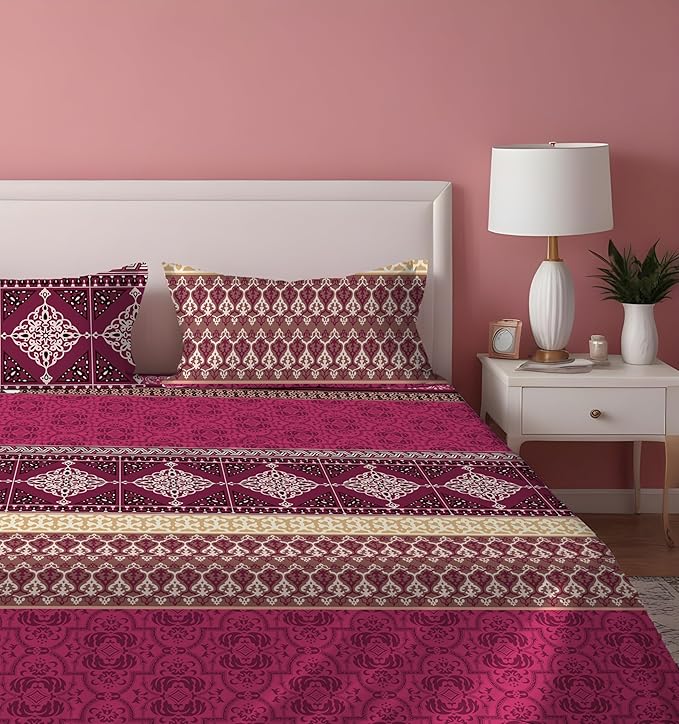 Dreamlet Presents Luxurious Supersoft Cotton Feel 210tc King Size Elastic Fitted Double Bedsheets With 2 Pillow Covers | Magenta